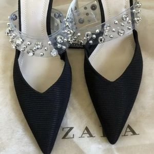 New ZARA HEELED MULES shoes WITH BEADED VINYL black clear size 8